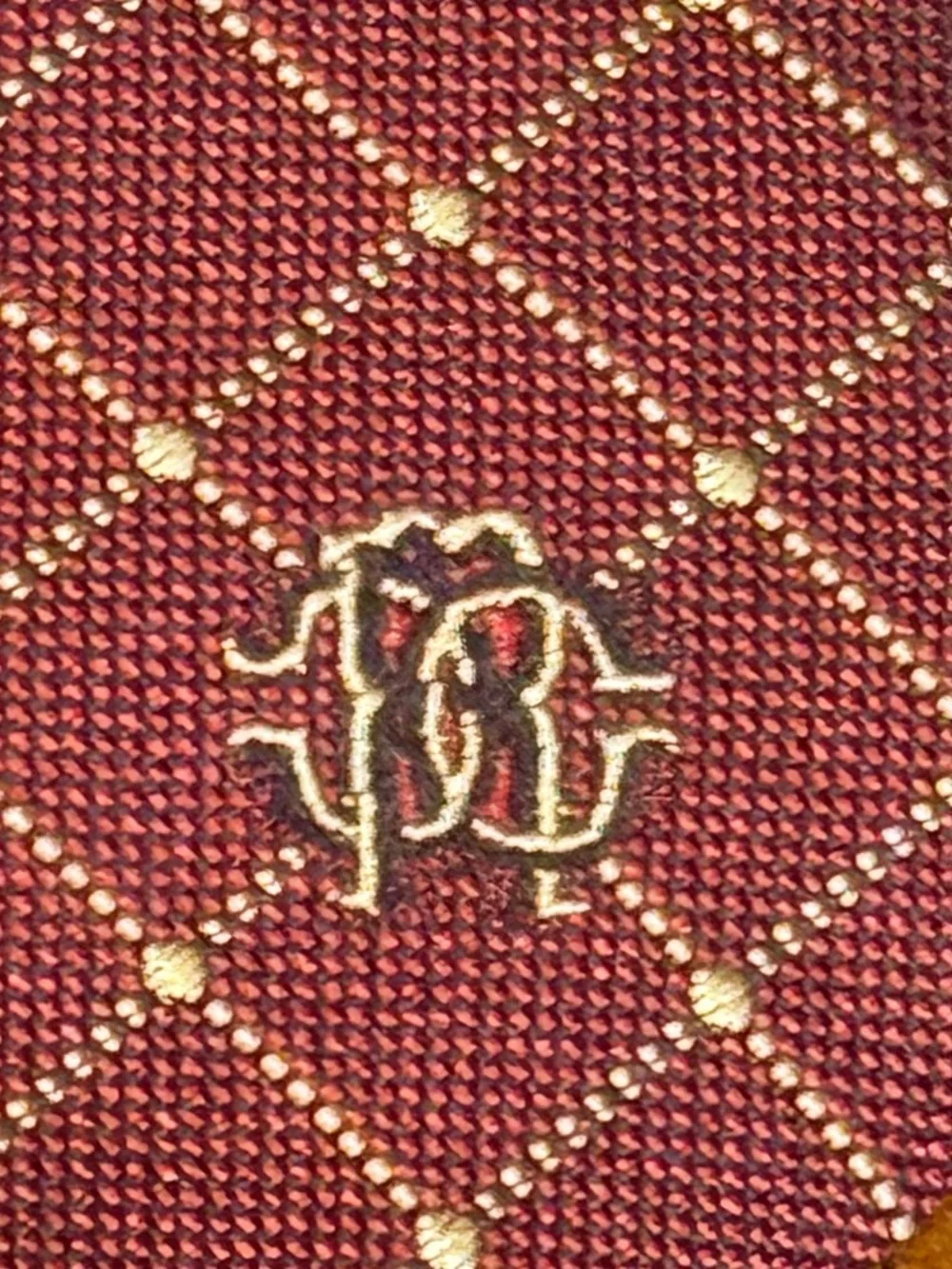 Roberto Cavalli 100% Silk Necktie Burgundy Gold Diamond Grid RC Monogram Italy